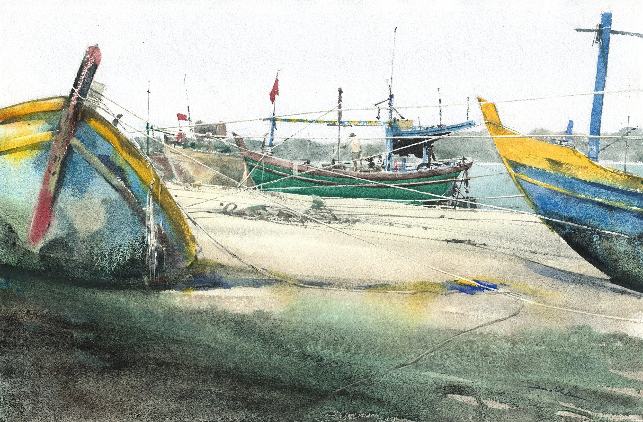 Harbour of Fishermen – Colorful Coastal Watercolor by Minh Dam